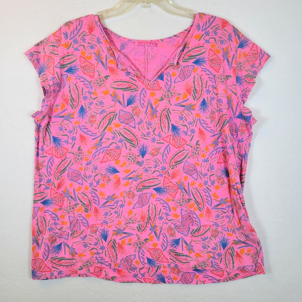 Fresh Produce Womens Tropical Sea Shell Turtle Cotton V-Neck Top Size XXL Pink
